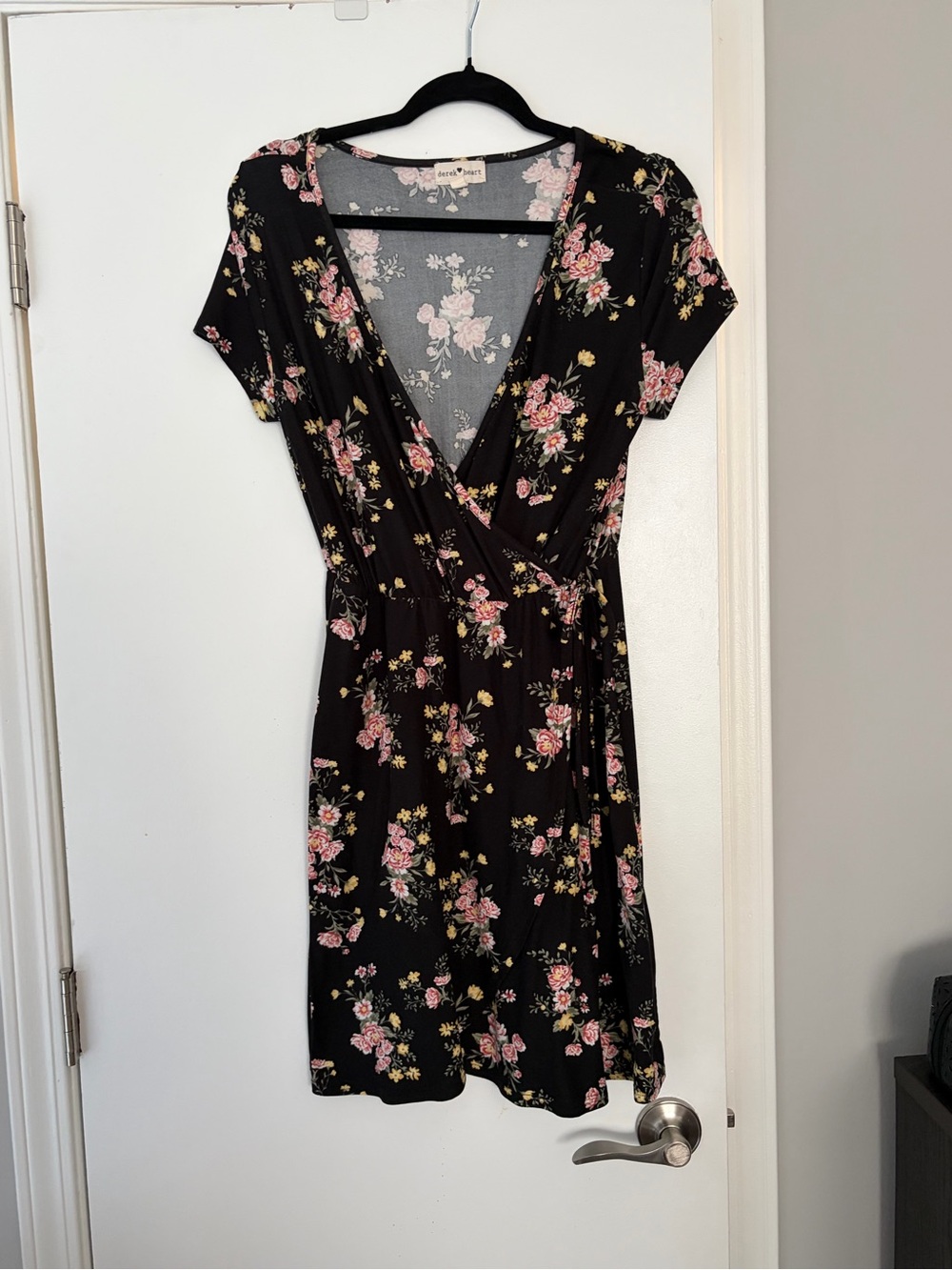 Derek Heart Black Mini Wrap Dress with Pink Floral